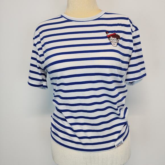 Zara Wheres Waldo T-shirt Size S Blue Stripe Round Neck Embroidered Geeky Casual - Picture 1 of 10